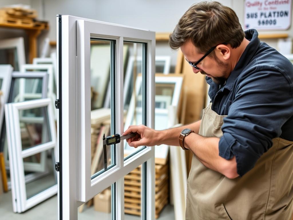 Qualitätsprüfung eines Fensters in der Werkstatt Qualitätsprüfung eines Fensters in der Werkstatt